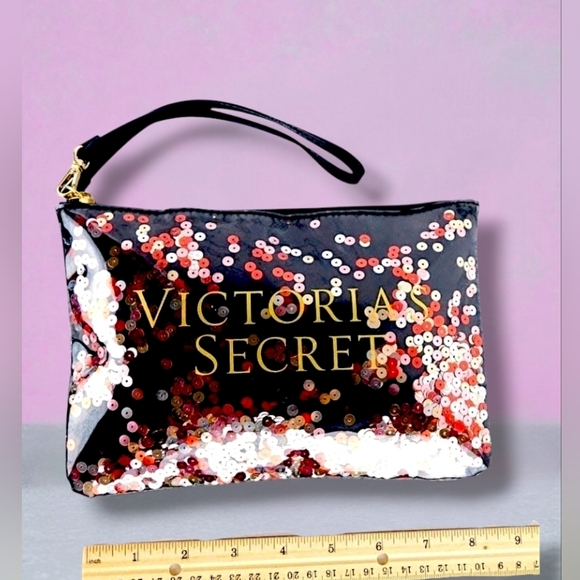 Victoria's Secret Vintage 2017 Pink & Gold Floating Sequins Wristlet Make-Up Bag - Picture 3 of 8